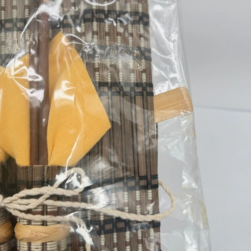 Bamboo Table Runner w/ Woven Yellow‎ Napkins & Chopsticks 2 Person NEW